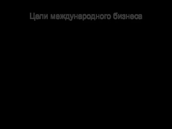 Цели международного бизнеса Обеспечение доступа к уникальным или дешевым ресурсам. Расширение рынка