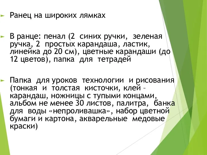 Ранец на широких лямках В ранце: пенал (2 синих ручки, зеленая ручка,