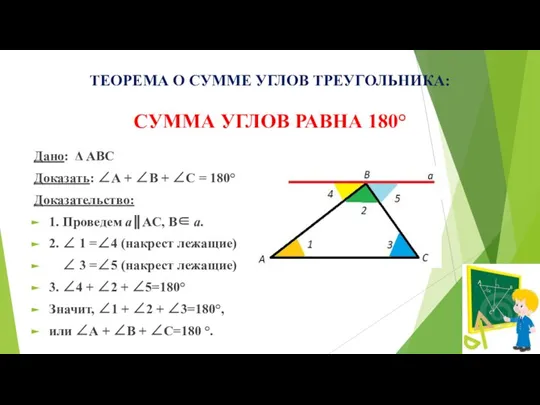 Дано: Δ АВС Доказать: ∠А + ∠В + ∠С = 180° Доказательство: