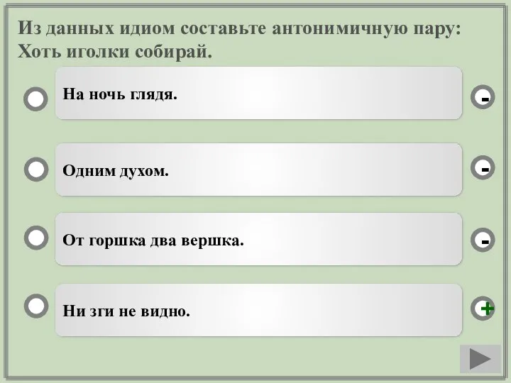 Из данных идиом составьте антонимичную пару: Хоть иголки собирай. Ни зги не