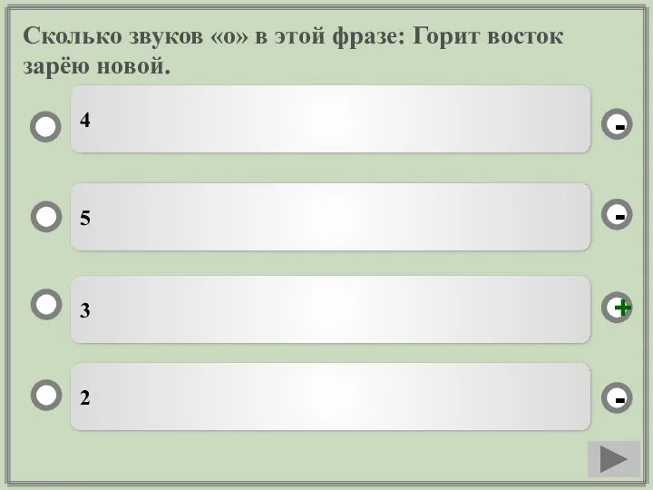 Сколько звуков «о» в этой фразе: Горит восток зарёю новой. 3 5