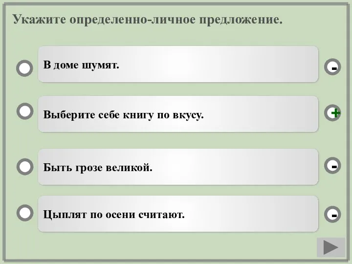 Укажите определенно-личное предложение. Выберите себе книгу по вкусу. Быть грозе великой. Цыплят