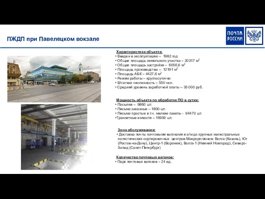 ПЖДП при Павелецком вокзале Зона обслуживания: Доставка почты почтовыми вагонами и а/м