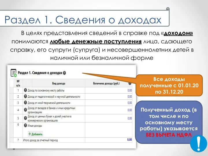 Раздел 1. Сведения о доходах В целях представления сведений в справке под