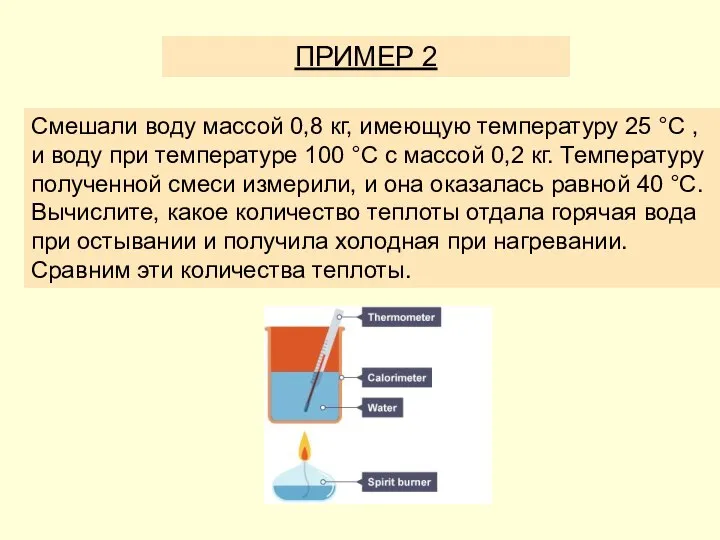 ПРИМЕР 2 Смешали воду массой 0,8 кг, имеющую температуру 25 °C ,