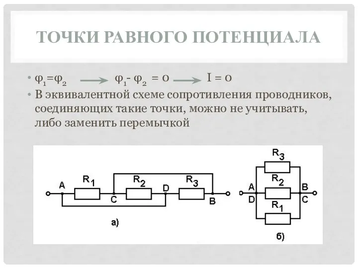 ТОЧКИ РАВНОГО ПОТЕНЦИАЛА φ1=φ2 φ1- φ2 = 0 I = 0 В