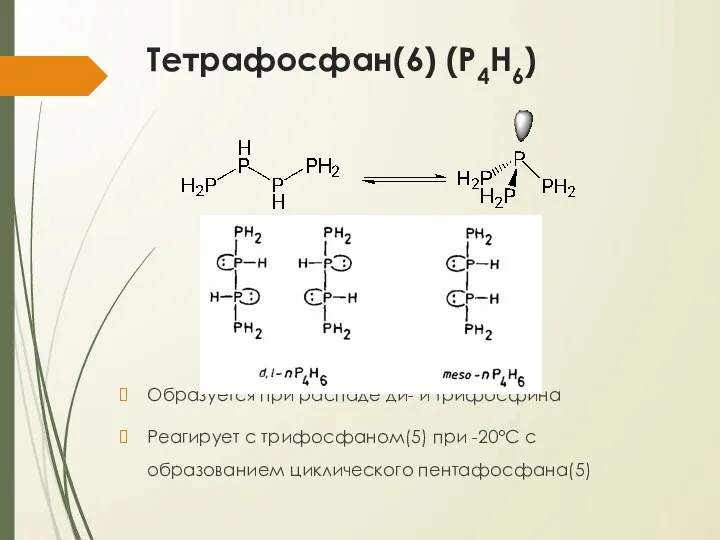 Тетрафосфан(6) (P4H6) Образуется при распаде ди- и трифосфина Реагирует с трифосфаном(5) при