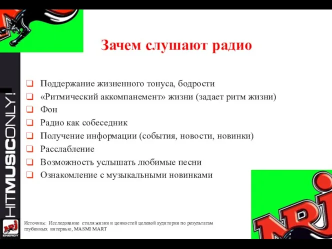 Зачем слушают радио Поддержание жизненного тонуса, бодрости «Ритмический аккомпанемент» жизни (задает ритм