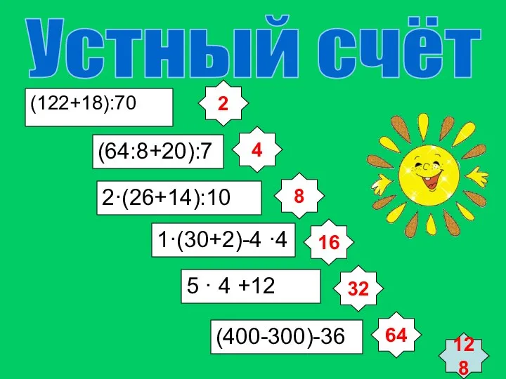 Устный счёт (122+18):70 (64:8+20):7 2·(26+14):10 1·(30+2)-4 ·4 5 · 4 +12 (400-300)-36