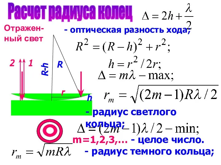 Расчет радиуса колец R r h R-h 1 2 - оптическая разность