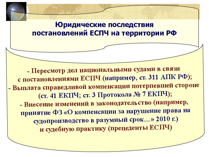 Юридические последствия постановлений ЕСПЧ на территории РФ Пересмотр дел национальными судами в