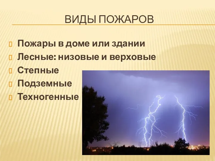 ВИДЫ ПОЖАРОВ Пожары в доме или здании Лесные: низовые и верховые Степные Подземные Техногенные