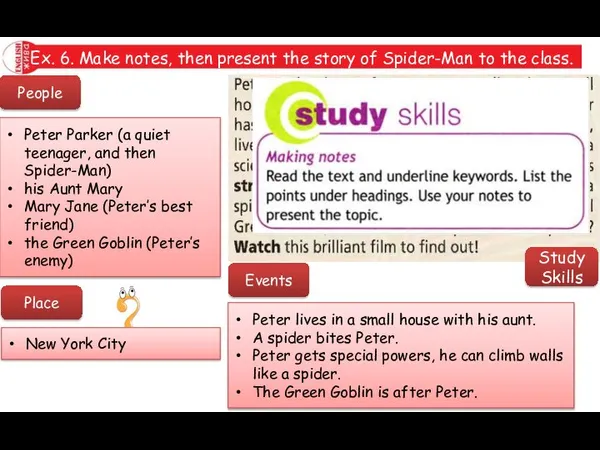 Ex. 6. Make notes, then present the story of Spider-Man to the
