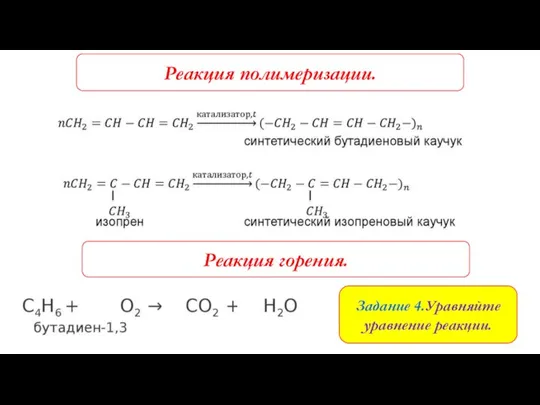 Реакция полимеризации. Реакция горения. Задание 4.Уравняйте уравнение реакции.