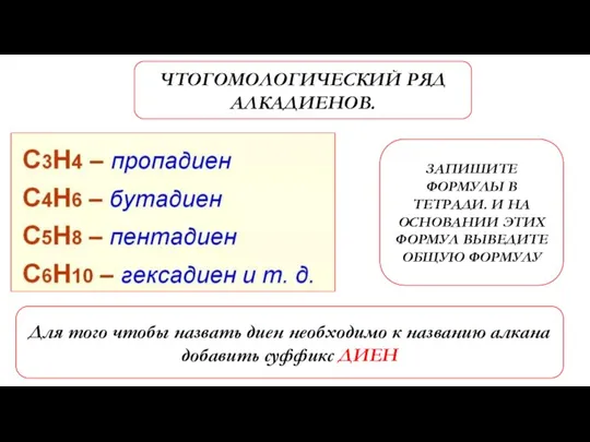 ЧТОГОМОЛОГИЧЕСКИЙ РЯД АЛКАДИЕНОВ. ЗАПИШИТЕ ФОРМУЛЫ В ТЕТРАДИ. И НА ОСНОВАНИИ ЭТИХ ФОРМУЛ