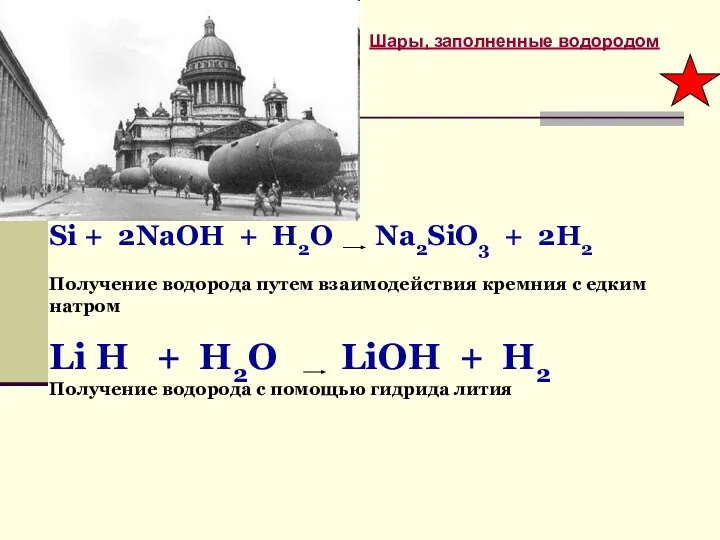 Шары, заполненные водородом Si + 2NaOH + H2O Na2SiO3 + 2H2 Получение
