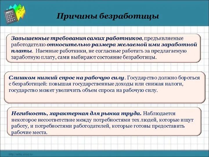 Причины безработицы Негибкость, характерная для рынка труда. Наблюдается некоторое несоответствие между потребностями