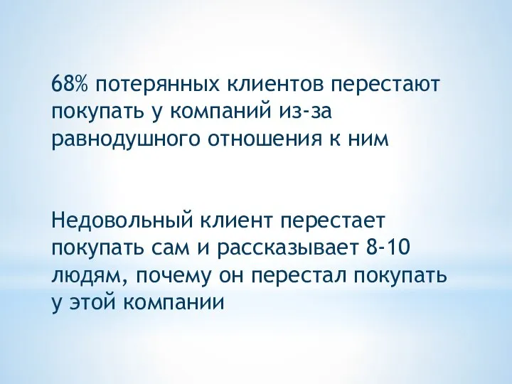 68% потерянных клиентов перестают покупать у компаний из-за равнодушного отношения к ним