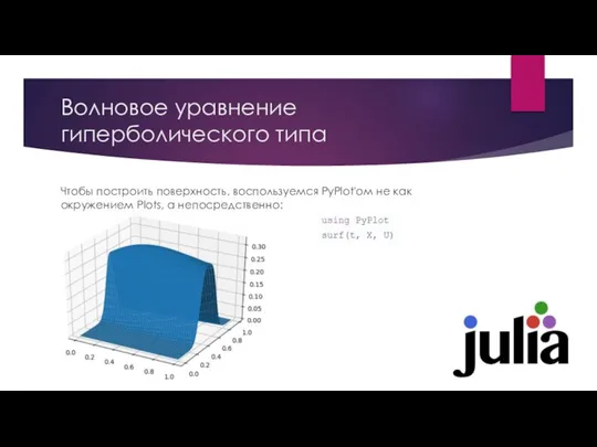 Волновое уравнение гиперболического типа Чтобы построить поверхность, воспользуемся PyPlot'ом не как окружением Plots, а непосредственно: