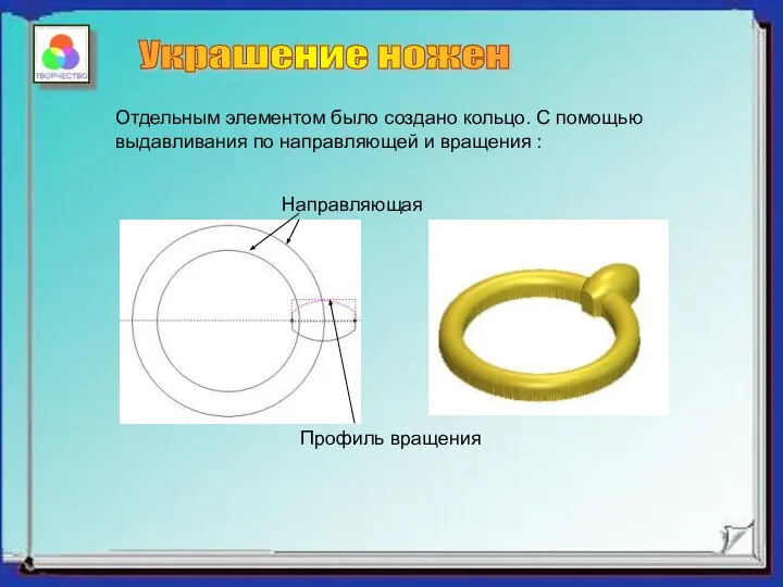 Украшение ножен Отдельным элементом было создано кольцо. С помощью выдавливания по направляющей