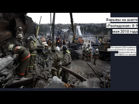 Взрывы на шахте «Распадская» 8-9 мая 2010 года Пострадали 229 горняков и