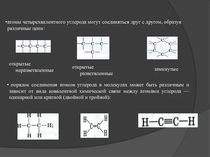 атомы четырехвалентного углерода могут соединяться друг с другом, образуя различные цепи: открытые