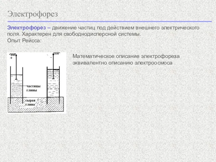 Электрофорез Электрофорез – движение частиц под действием внешнего электрического поля. Характерен для