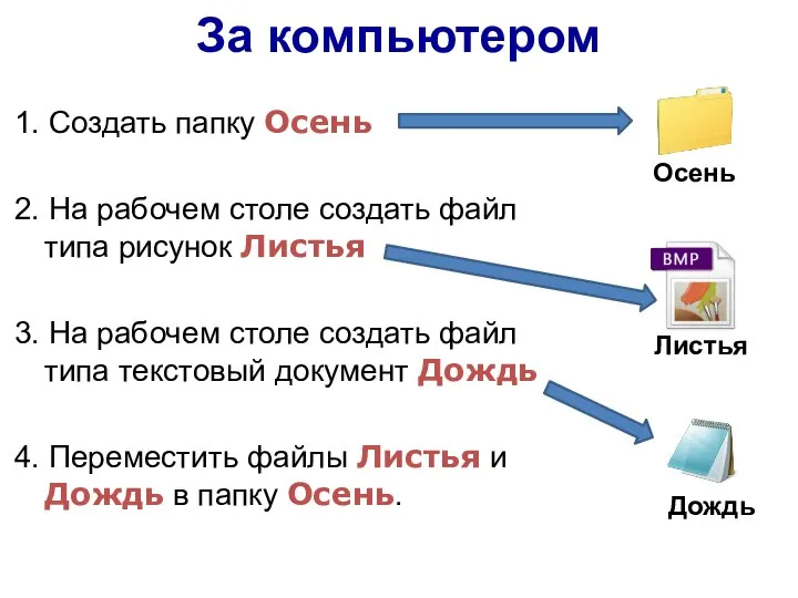 За компьютером 1. Создать папку Осень 2. На рабочем столе создать файл