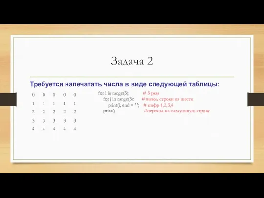 Задача 2 Требуется напечатать числа в виде следующей таблицы: for i in