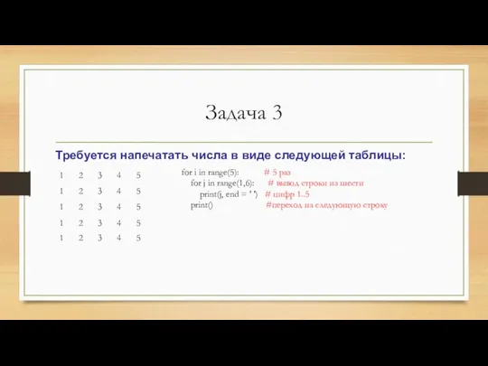 Задача 3 Требуется напечатать числа в виде следующей таблицы: for i in