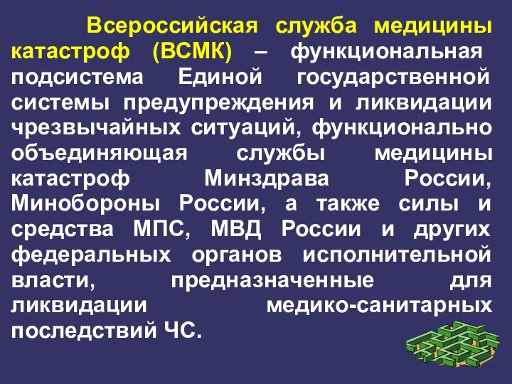 Всероссийская служба медицины катастроф (ВСМК) – функциональная подсистема Единой государственной системы предупреждения