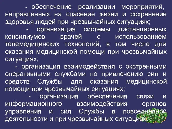 - обеспечение реализации мероприятий, направленных на спасение жизни и сохранение здоровья людей