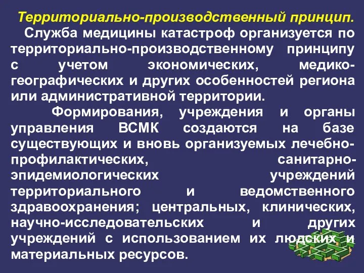 Территориально-производственный принцип. Служба медицины катастроф организуется по территориально-производственному принципу с учетом экономических,