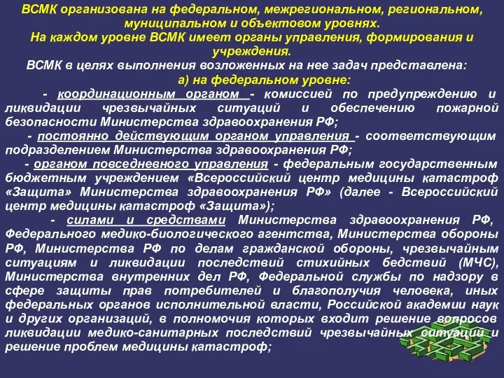 ВСМК организована на федеральном, межрегиональном, региональном, муниципальном и объектовом уровнях. На каждом