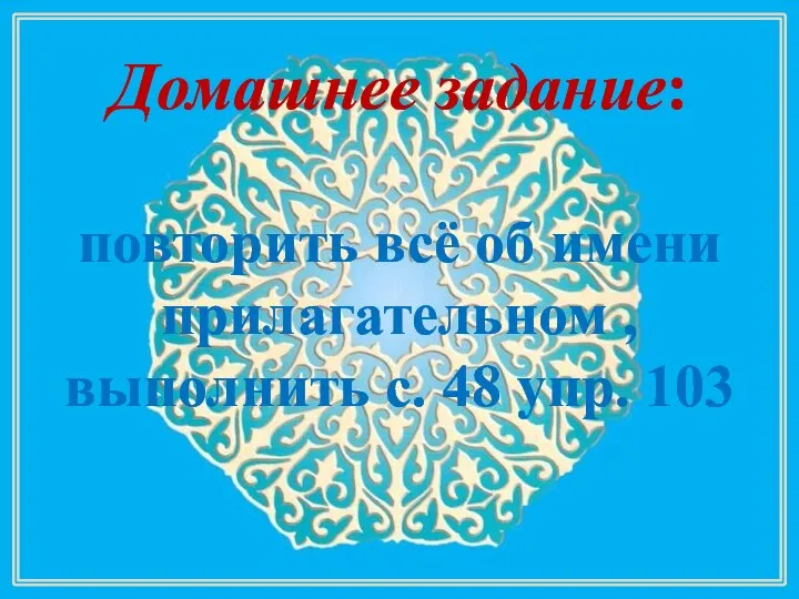 Домашнее задание: повторить всё об имени прилагательном , выполнить с. 48 упр. 103