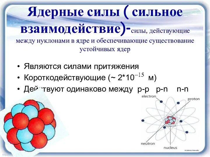 Ядерные силы ( сильное взаимодействие)-силы, действующие между нуклонами в ядре и обеспечивающие