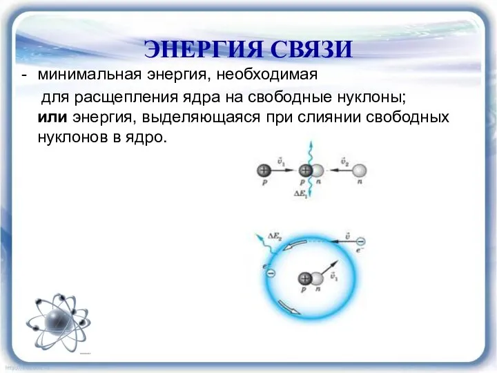 ЭНЕРГИЯ СВЯЗИ минимальная энергия, необходимая для расщепления ядра на свободные нуклоны; или