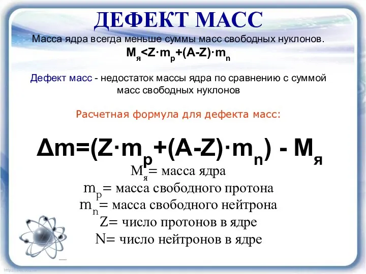 ДЕФЕКТ МАСС Масса ядра всегда меньше суммы масс свободных нуклонов. Мя