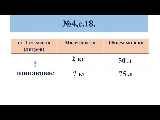 №4,с.18. 50 л 2 кг 75 л ? кг ? одинаковое