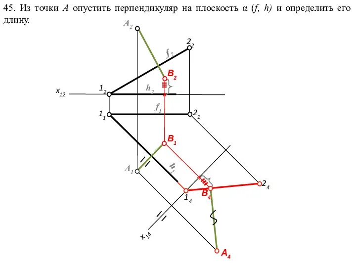 45. Из точки А опустить перпендикуляр на плоскость α (f, h) и