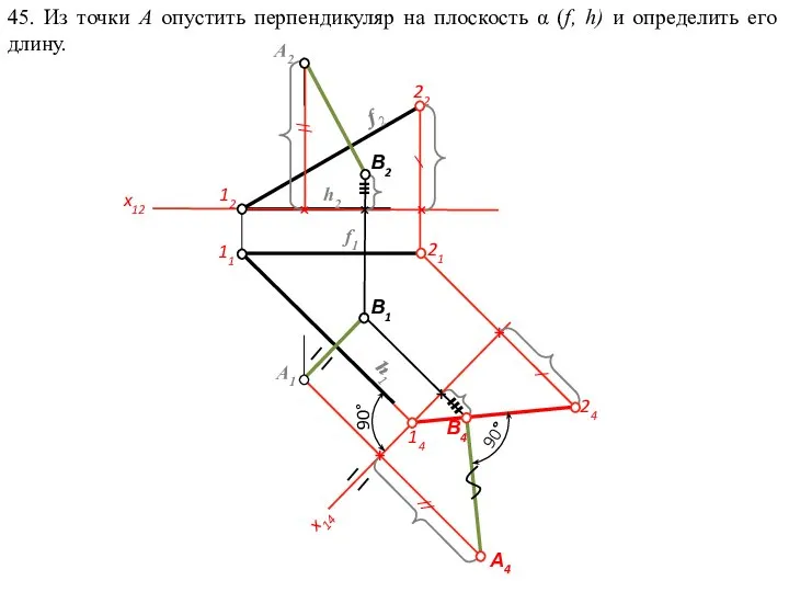 45. Из точки А опустить перпендикуляр на плоскость α (f, h) и