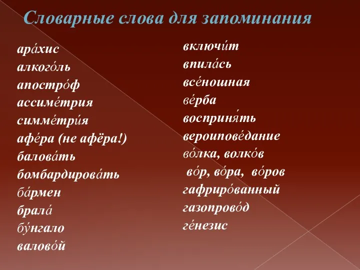 Словарные слова для запоминания арáхис алкогóль апострóф ассимéтрия симмéтрúя афéра (не афёра!)