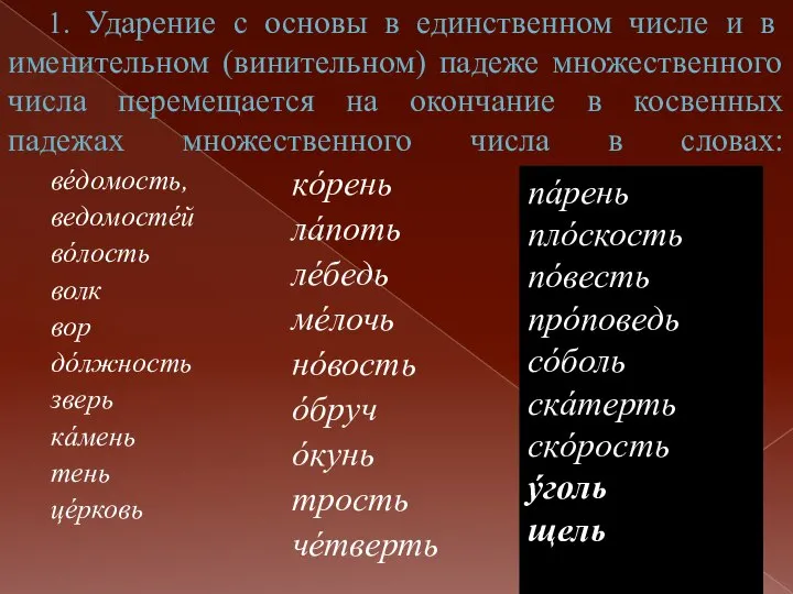 1. Ударение с основы в единственном числе и в именительном (винительном) падеже