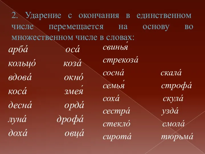 2. Ударение с окончания в единственном числе перемещается на основу во множественном