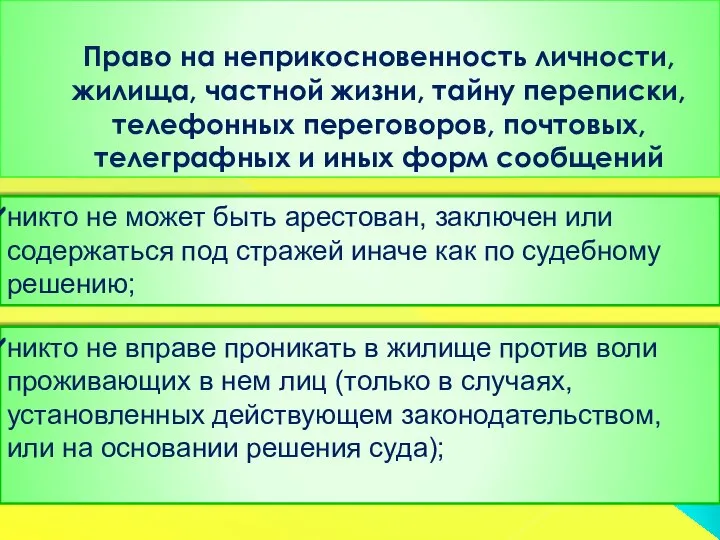 Право на неприкосновенность личности, жилища, частной жизни, тайну переписки, телефонных переговоров, почтовых,