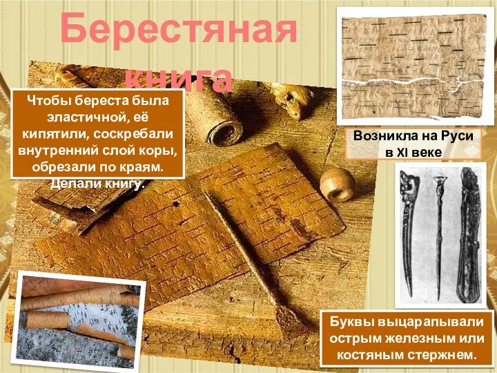 Берестяная книга Возникла на Руси в XI веке Чтобы береста была эластичной,
