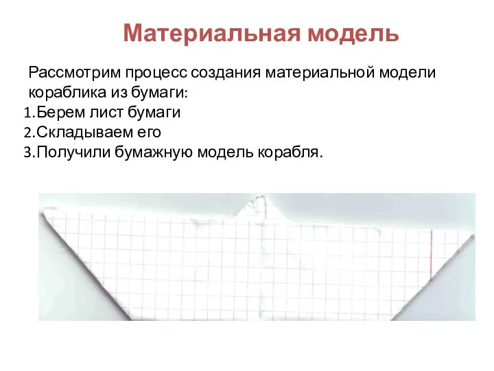 Материальная модель Рассмотрим процесс создания материальной модели кораблика из бумаги: Берем лист