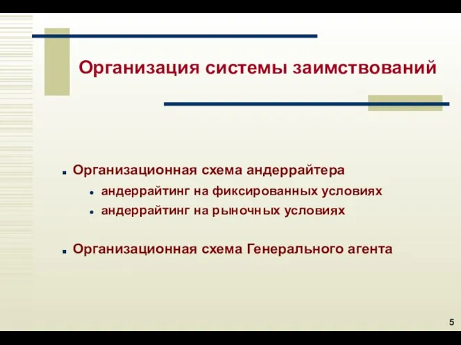 Организация системы заимствований Организационная схема андеррайтера андеррайтинг на фиксированных условиях андеррайтинг на