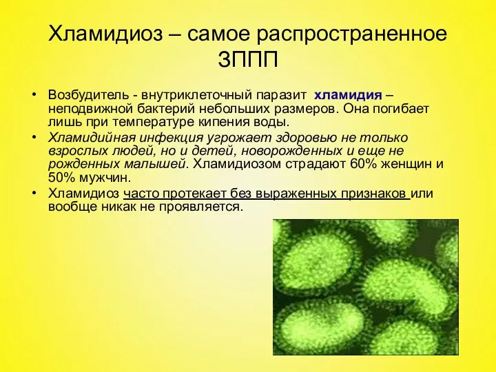 Хламидиоз – самое распространенное ЗППП Возбудитель - внутриклеточный паразит хламидия – неподвижной