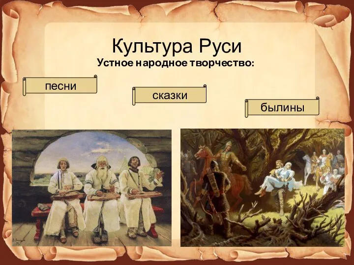 Культура Руси Устное народное творчество: песни сказки былины